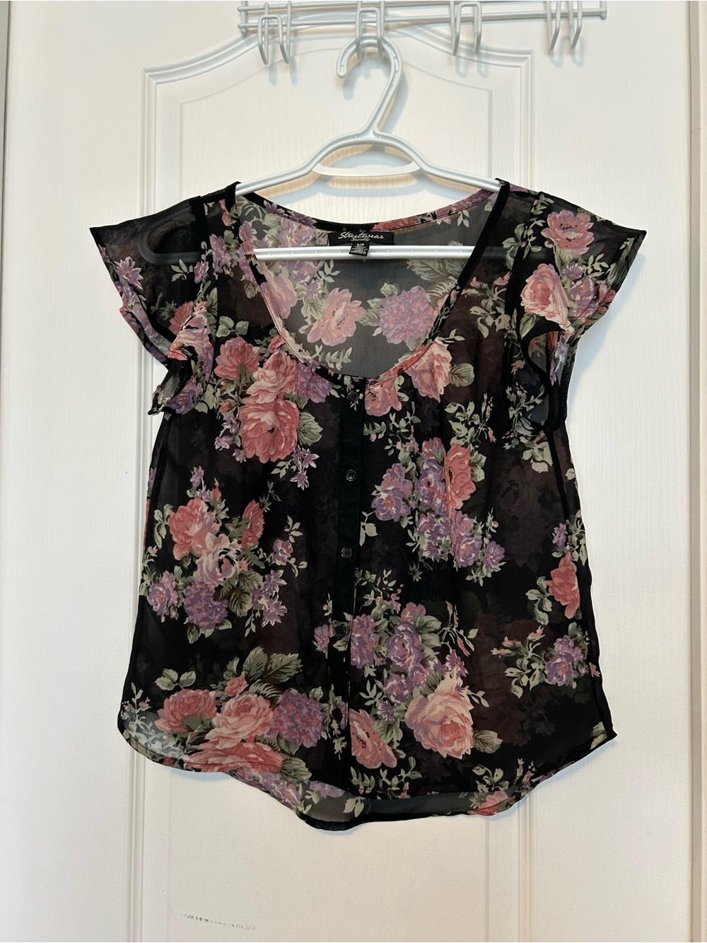 Women Sheer Floral Chiffon Blouse
